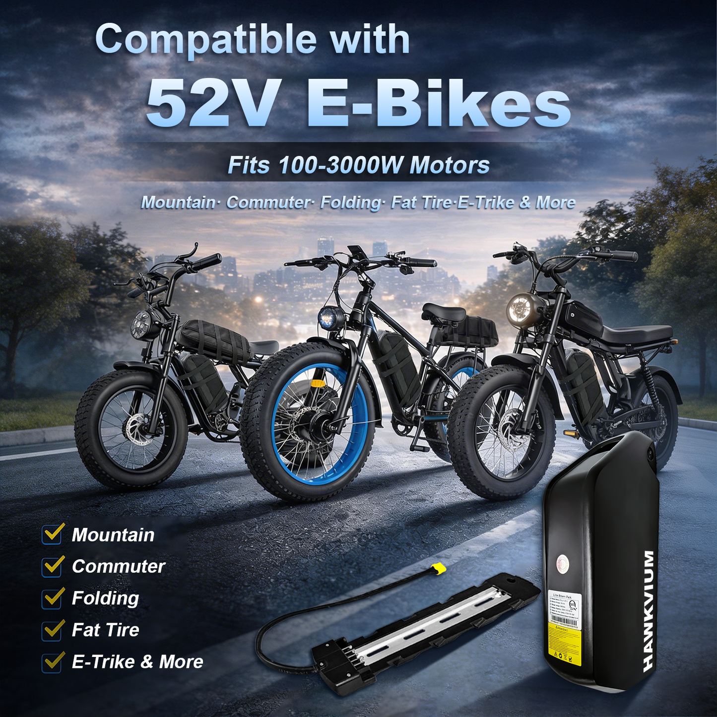 Polly DP-7 52V 25Ah Ebike Battery with Universal E-Bike Battery Mounting Bag