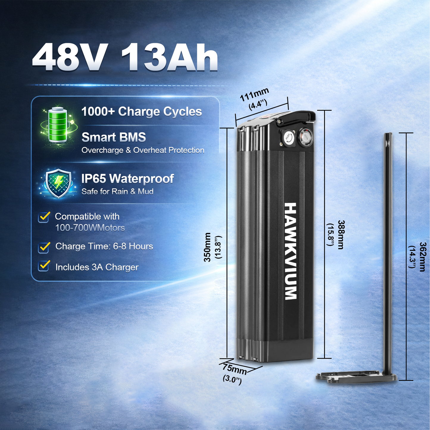 Black Silver Fish 48V 13Ah Ebike Battery