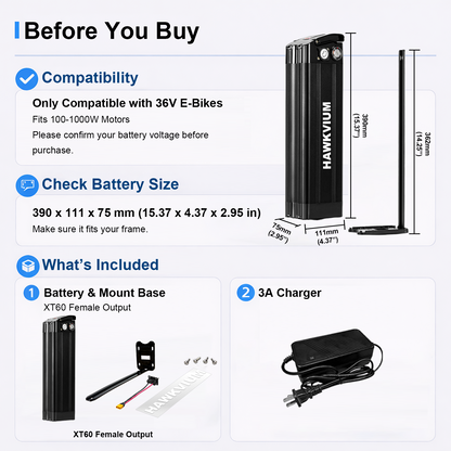 Black Silver Fish 36V 15Ah  Ebike Battery