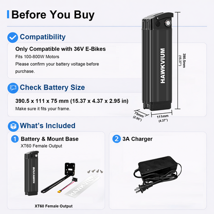 Black Silver Fish 36V 13Ah Ebike Battery